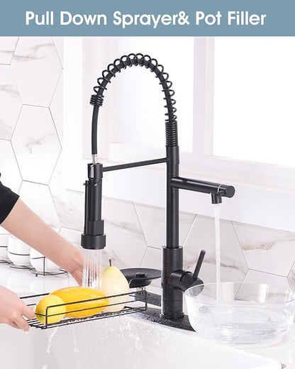 Kitchen Sink Fuacet with Glass Rinser, Single Handle Kitchen Faucet with Pot Filler, Pull Down Sparyer, Deck Plate, 304 Stainless Steel, Matte Black