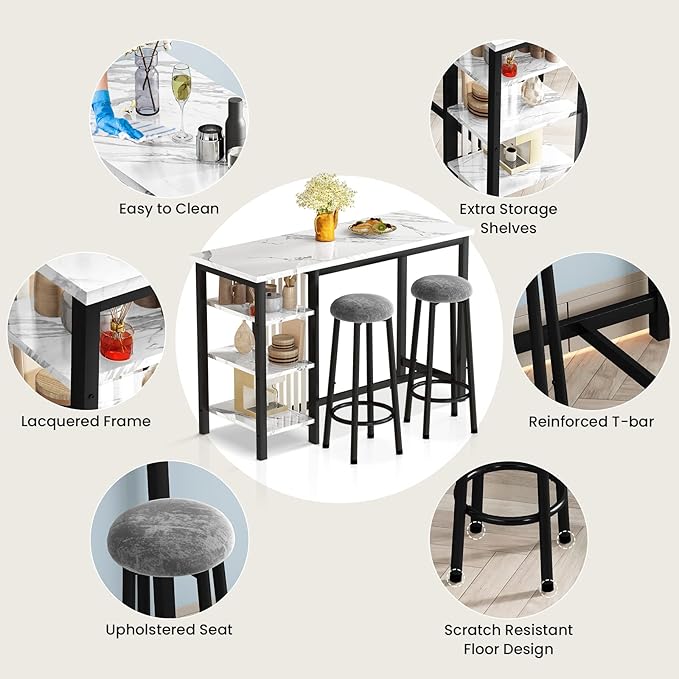 AWQM Bar Table Set with Storage Shelves, 47" Modern White Faux Marble Breakfast Table with 2 Velvet Stools, 3-Piece Dining Set for 2, Space Saving Table for Kitchen/Dining Room/Living Room/Studio