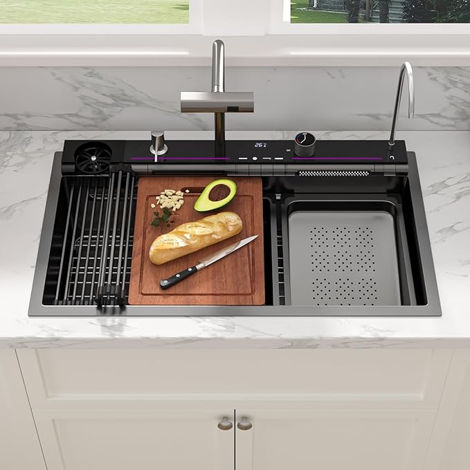 Sarlai Waterfall Kitchen Sink - 33 Inch Drop In Workstation Sink With Waterfall Black Stainless Steel 16 Gauge Multifunction Single Bowl Smart Top Mount Kitchen Sinks with Mechanical Keys 33x19 Inch