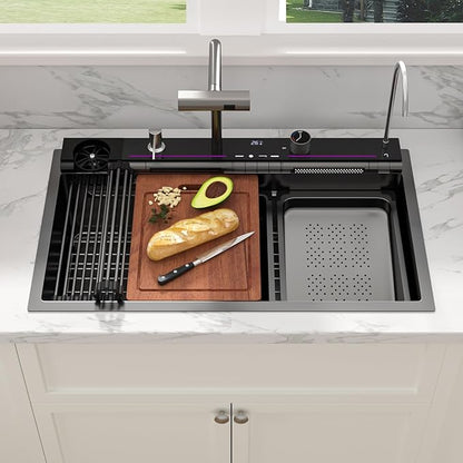 Sarlai Waterfall Kitchen Sink - 33 Inch Drop In Workstation Sink With Waterfall Black Stainless Steel 16 Gauge Multifunction Single Bowl Smart Top Mount Kitchen Sinks with Mechanical Keys 33x19 Inch