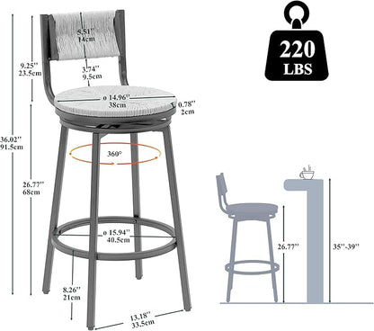 Honey Swivel Bar Stools Paper Rope Handwoven Barstools with Back Set of 2 Rustic Round Counter Chairs for Dining Room, Kitchen Island