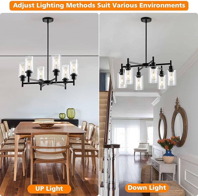 9MMML Farmhouse 6-Light Glass Chandelier, Modern Black Light Fixture for Kitchen Dining Room Over Table, Industrial Lighting for Living Room, Foyer, Entryway, E26 Bulb Base