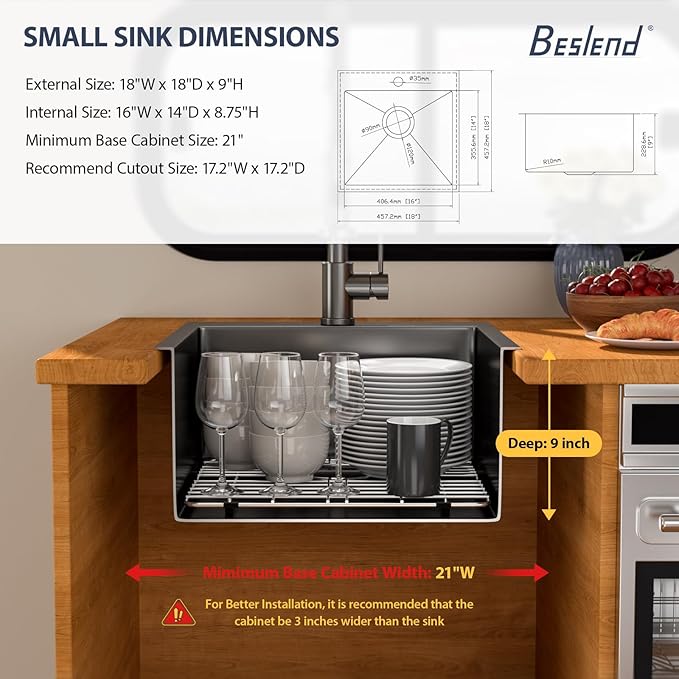 18 Inch Drop In RV Bar Sink - Beslend 18x18x9 Gunmetal Black Topmount Sink for RV Camper, Outdoor Kitchen Sink Black Stainless Steel Wet Bar with Roll-up Rack, Drain Assembly & Rinse Grid
