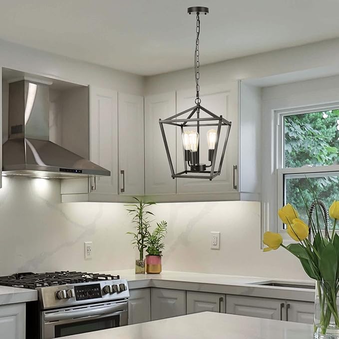 Unicozin Black Lantern Pendant Light, 3 Lights Farmhouse Chandelier Fixture with Metal Cage, Adjustable Height Industrial Hanging Lights E26 Base for Kitchen Island, Bedroom, Entryway, Foyer