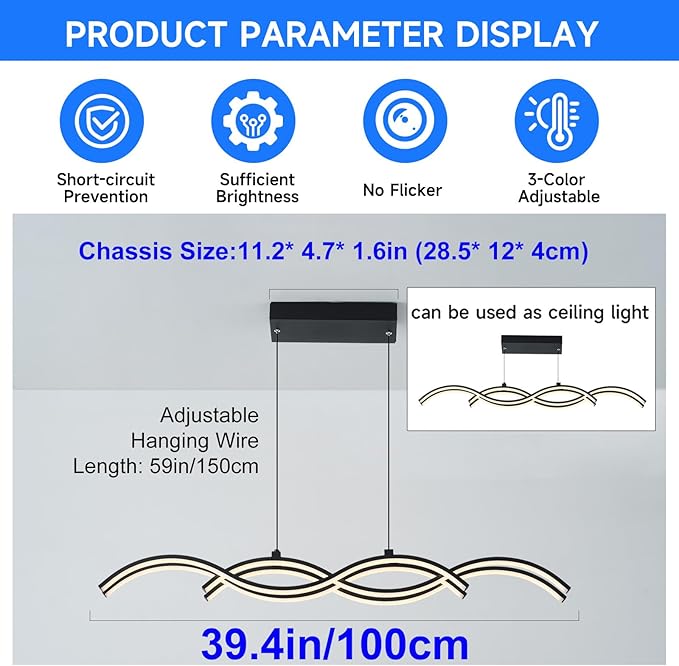 ORANOOR Modern LED Pendant Lights, Dimmable 39in Linear Wave LED Chandelier Lighting, Black Dining Room Hanging Light Fixtures Kitchen Island Linear Pendant Light for Dining Table (4200lm,Upgraded)