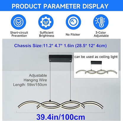 ORANOOR Modern LED Pendant Lights, Dimmable 39in Linear Wave LED Chandelier Lighting, Black Dining Room Hanging Light Fixtures Kitchen Island Linear Pendant Light for Dining Table (4200lm,Upgraded)