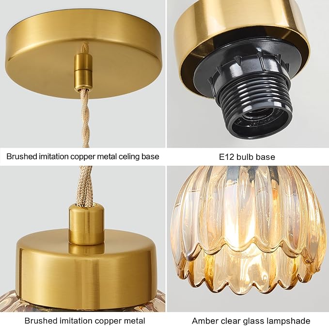 Vintage Pendant Light Fixtures Small Pendant Lighting Amber Glass Hanging Ceiling Light Flower Pendant Lights Kitchen Island for Dining Room Bedroom Living Room Hallway 3 Pack