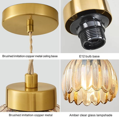 Vintage Pendant Light Fixtures Small Pendant Lighting Amber Glass Hanging Ceiling Light Flower Pendant Lights Kitchen Island for Dining Room Bedroom Living Room Hallway 3 Pack