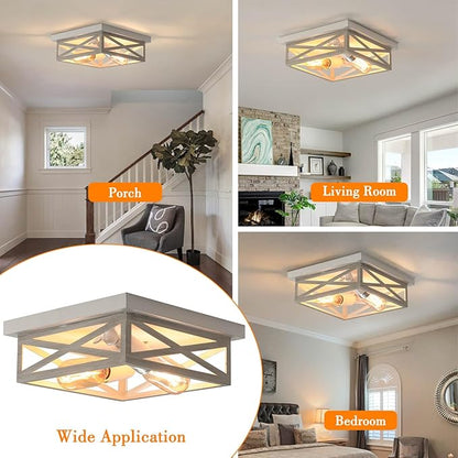 2 Pack White Flush Mount Ceiling Light, Farmhouse Ceiling Light Fixtures, 2-Light Rustic Metal Finish Industrial Kitchen Light Fixture for Bedroom, Hallway Light