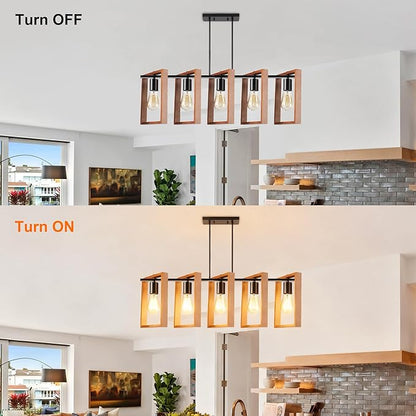 5-Light Island Lights for Kitchen, Rectangular Wood and Black Metal Kitchen Island Chandelier 41.3" Adjustable Rustic Modern Dining Room Light Fixtures Over Table, Chandeliers for Dining Room