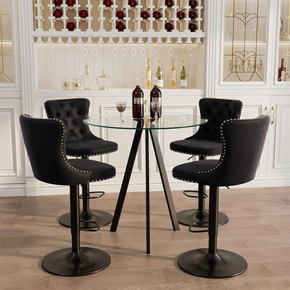 yeag 5 PCS Round High Top Bar Table and Chairs Set, 31.5 Inches Glass Bar Table with 4 Velvet Bar Chairs Swivel Island Chairs for Bistro Pub (Black Metal Legs, Clear Top + Black Chair)