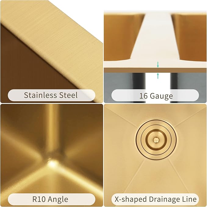 LQS Gold Kitchen Sink 31 Inch, Gold Double Kitchen Sink, Undermount Stainless Steel Sink 16 Gauge Top Grade, R10 Round Corner, X-Shaped Drain Line and Equipped with Roll-Up Dish Rack for Drying