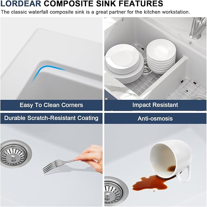 Lordear 33 Granite Composite Kitchen Sink Double Bowl White Granite Kitchen Sink Ledge Workstation 33"x19" White Undermount Double Bowl 50/50 Low Divide Quartz Classic Composite Under Counter Basin