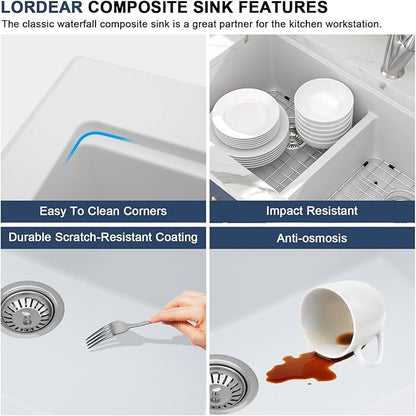 Lordear 33 Granite Composite Kitchen Sink Double Bowl White Granite Kitchen Sink Ledge Workstation 33"x19" White Undermount Double Bowl 50/50 Low Divide Quartz Classic Composite Under Counter Basin
