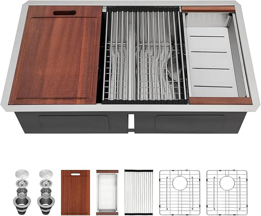 30 Kitchen Sink Double Bowl - Sarlai 30 x 19 inch Undermount Sink Stainless Steel 16 Gauge Two Basin Low Divider 50/50 Under Counter Deep Kitchen Sinks with Accessories