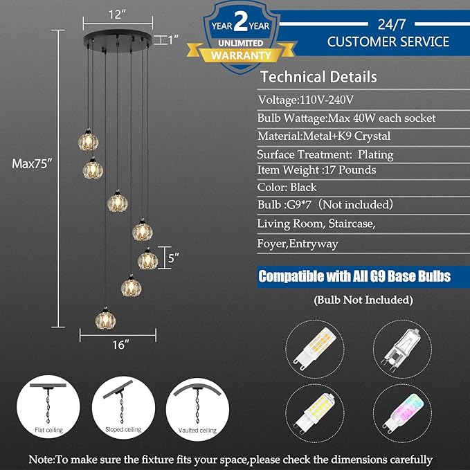 Weesalife Crystal Chandeliers for Staircases, 7-Light Black Modern Chandeliers for High Ceilings，Crystal Pendant Light Fixture for Living Room Kitchen Island Foyer Hallway Bar
