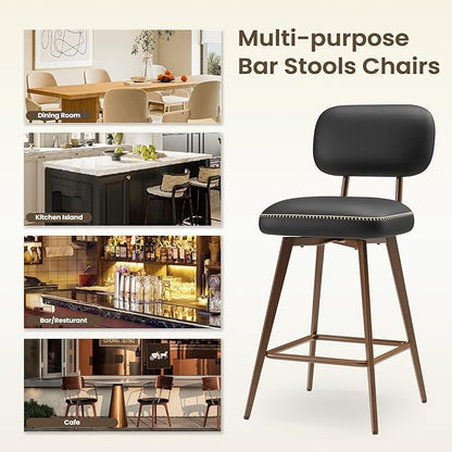 MALOL 26“ Swivel Bar Stools Set of 6, Mid Century PU Leather Counter Height Bar Chairs with Low Back and Metal Legs, Modern Bar Stool Chair for Kitchen Island, Black