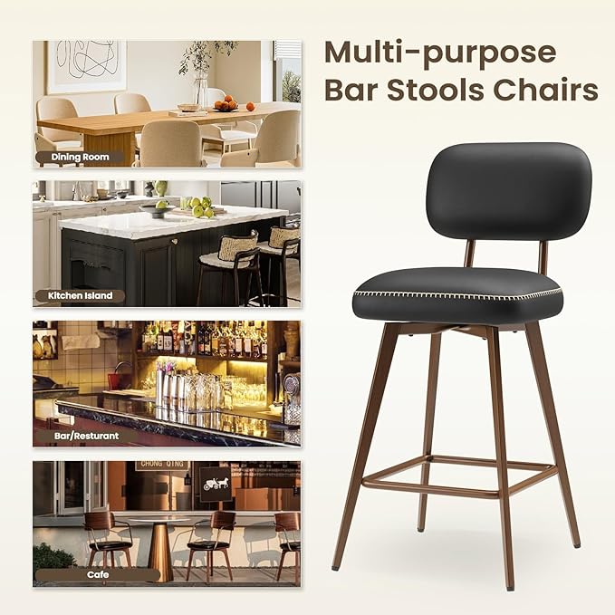 MALOL 26“ Swivel Bar Stools Set of 2, Mid Century PU Leather Counter Height Bar Chairs with Low Back and Metal Legs, Modern Bar Stool Chair for Kitchen Island, Black