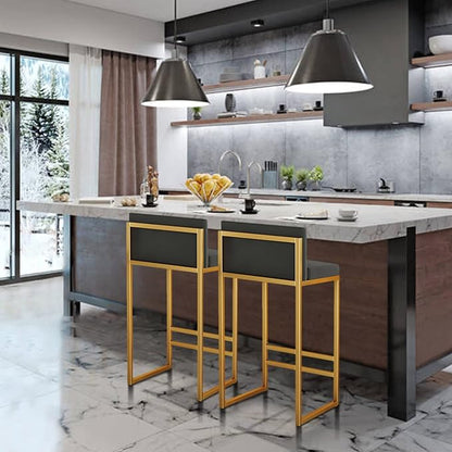 Velvet Stools with Low Back Mid-Century Upholstered Armless Chairs for Kitchen Island Home Pub Grey + Gold Sitting Height 65cm (Black + Gold 25.6in)
