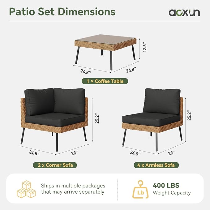 Aoxun Patio Furniture Set, 5 Piece Outdoor Sectional Sofas with Thick Cushion, Wicker Outdoor Patio Furniture Set with Coffee Table for Party, Garden, Backyard, Black