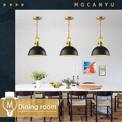 2-Pack Black Gold Pendant Lighting, Farmhouse Metal Pendant Lights Modern Matte Black Dome Industrial Light Fixture for Kitchen Island Restaurant Dining Room Hallway Entrance