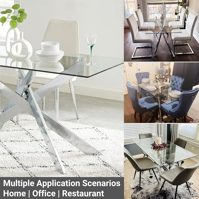 Edwin's Choice 58.5” Rectangle Glass Dining Table, Tempered Glass Tabletop and Metal Tubular Legs, Modern Style Table for Home, Kitchen, Dining Room 58.5”Lx29”Wx30”H, Silver (Table Only)