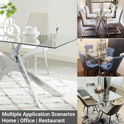 Edwin's Choice 58.5” Rectangle Glass Dining Table, Tempered Glass Tabletop and Metal Tubular Legs, Modern Style Table for Home, Kitchen, Dining Room 58.5”Lx29”Wx30”H, Silver (Table Only)