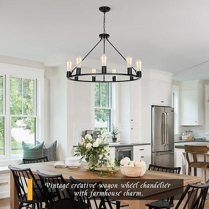 9-Lights Farmhouse Chandelier | Dia 32'' Black Wagon Wheel Chandelier | Rustic Hanging Dining Room Light Fixture | Apply to Living Room | Kitchen Island | Entryway | Foyer