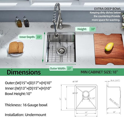 Undermount Kitchen Sink, 15 x 17 x 10 Inch Bar Sink 16 Gauge Stainless Steel Small Sink Kitchen Single Bowl Workstation with Cutting Board