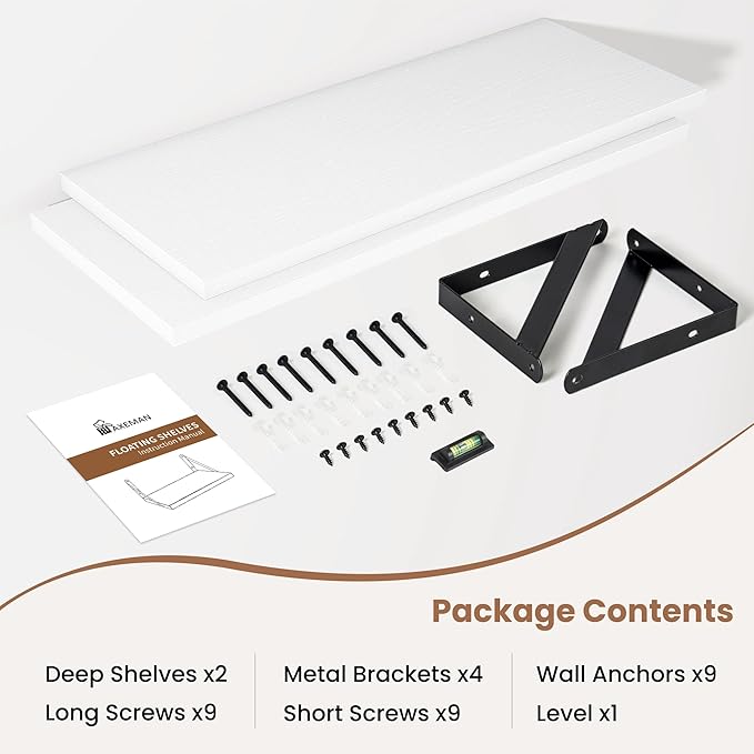 Axeman 20 Inch Floating Shelves | 8 Inch Deep White Wall Shelves Set of 2 | 20''W x 8''D White Wood Shelves for Bathroom Living Room Bedroom Kitchen