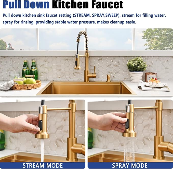 25x22 Gold Drop In Kitchen Sink with Faucet - 25 Inch Stainless Steel Drop In Sink and Faucet Combo, Gold Single Bowl Kitchen Sink Workstation with Accessories