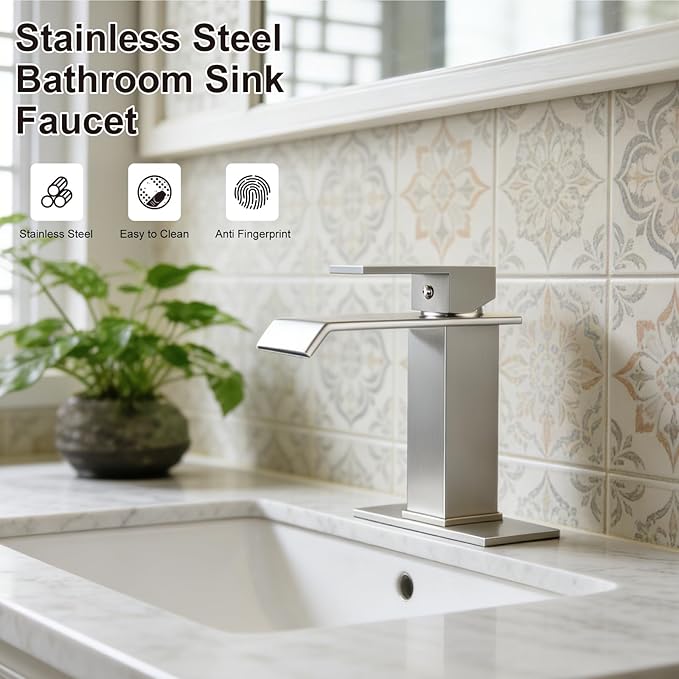 Midanya Waterfall Bathroom Faucets, Single Handle 1 Hole Bathroom Sink Faucet Modern RV Vanity Restroom Lavatory Basin Faucet with Pop Up Drain and Water Supply Lines,Brushed Nickel