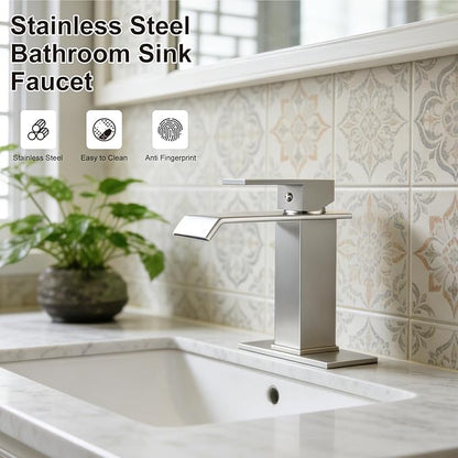 Midanya Waterfall Bathroom Faucets, Single Handle 1 Hole Bathroom Sink Faucet Modern RV Vanity Restroom Lavatory Basin Faucet with Pop Up Drain and Water Supply Lines,Brushed Nickel