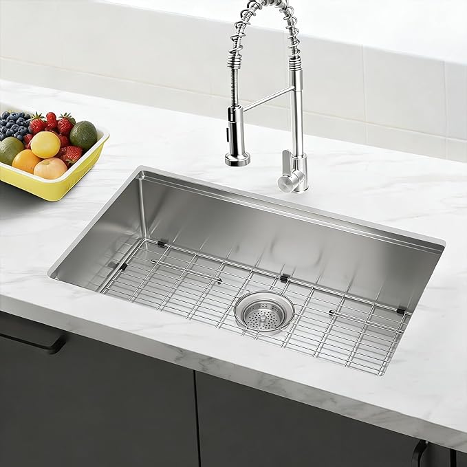 Sanycasa Stainless Steel Kitchen Sink Grid – 24-5/8” x 15-1/2” Sink Protector for Single Bowl Sinks – Rear Drain with Corner Radius 3/8", Durable Sink Grate & Drying Rack for Glassware