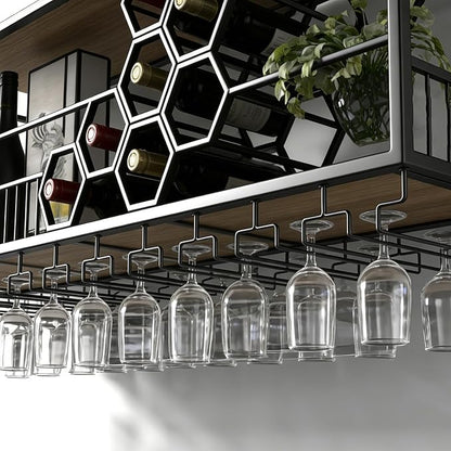 39.3in Ceiling Wine Glass Rack， Large Capacity Hanging Wine Rack， Honeycomb Hanging Wine Racks for Wine Bottles， Wine Storage Display Rack for Home Bar Dining Room Kitchen (Black ，39.3inch/100cm）