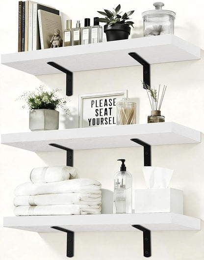 Easy Install Floating Shelves, 15.7 Inch Wall Mounted Wood Shelf,Hanging Shelf for Home Decor, Books and Storage, Small Organizer for Bedroom, Bathroom, Kitchen, Set of 3, White