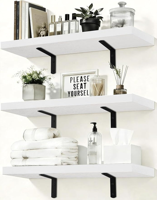 Easy Install Floating Shelves, 15.7 Inch Wall Mounted Wood Shelf,Hanging Shelf for Home Decor, Books and Storage, Small Organizer for Bedroom, Bathroom, Kitchen, Set of 3, White
