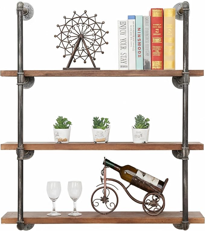 BIXIRAO Industrial Wall Mounted Iron Floating Pipe Shelves/Shelving/Racks/Storage/Bookcases/Brackets, DIY Open Bookshelves, Retro Black (4-Tier Shelf Brackets with 3 Boards)
