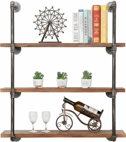 BIXIRAO Industrial Wall Mounted Iron Floating Pipe Shelves/Shelving/Racks/Storage/Bookcases/Brackets, DIY Open Bookshelves, Retro Black (4-Tier Shelf Brackets with 3 Boards)