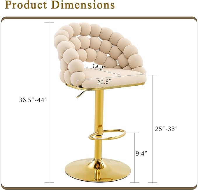 Set of 2 Beige Puffy Bubble Chair Ball Chain Chair Velvet Bar Stools with Gold Legs, Tufted Adjustable Bar Chairs for Kitchen Island Home Bar