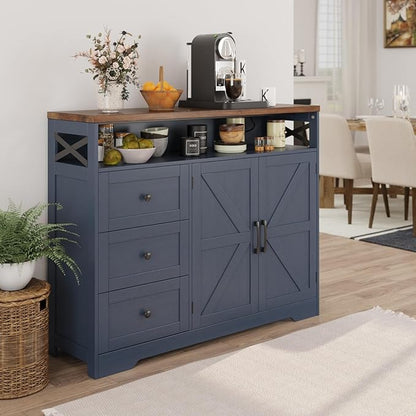 Befrases Farmhouse Buffet Cabinet with Drawers & Open Shelf, Sideboard with Storage, Kitchen Pantry Cabinet Hutch, Coffee Bar Station for Kitchen, Livingroom, 47" L Blue