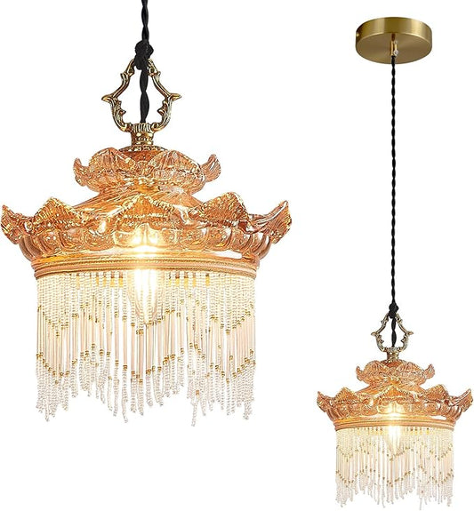 Brass Vintage Glass Pendant Light Amber Glass Tassel Chandelier,Adjustable Height Pendant Lights for Dining Room Kitchen Island Bedroom Hallway