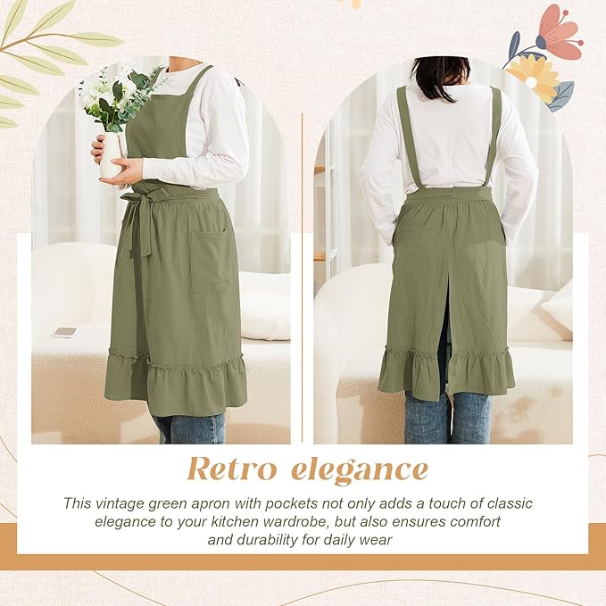 100% Cotton Aprons with Pockets Pinafore Dress for Women Vintage Cute Aprons for Kitchen Baking Gardening Painting