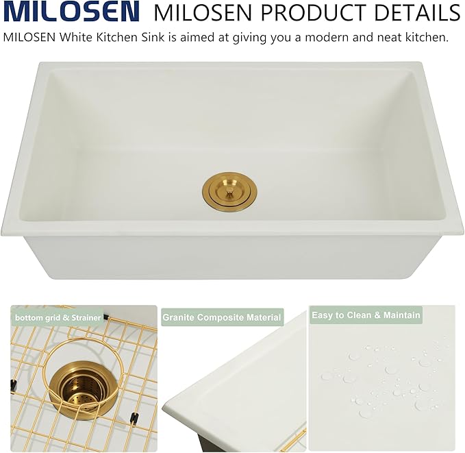 MILOSEN White Undermount Kitchen Sink, 32"x18" Granite Composite Single Bowl Kitchen Sinks, 10" Deep Large Undermount/Drop In Sink with Gold Accessories, White Quartz Kitchen Sinks for Modern Kitchen
