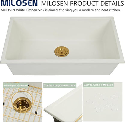 MILOSEN White Undermount Kitchen Sink, 32"x18" Granite Composite Single Bowl Kitchen Sinks, 10" Deep Large Undermount/Drop In Sink with Gold Accessories, White Quartz Kitchen Sinks for Modern Kitchen