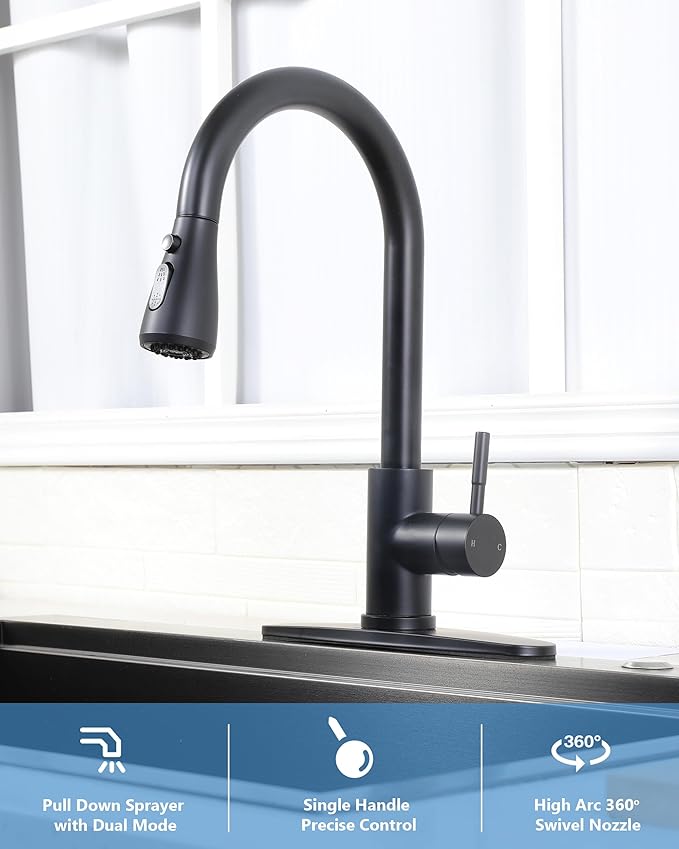 Matte Black Kitchen Faucet with Pull Down Sprayer, Modern Stainless Steel Single Handle Pull Down RV Farmhouse Bar Laundry Kitchen Sink Faucet with Deck Plate for 1 or 3 Hole, UF-KYT010B-D