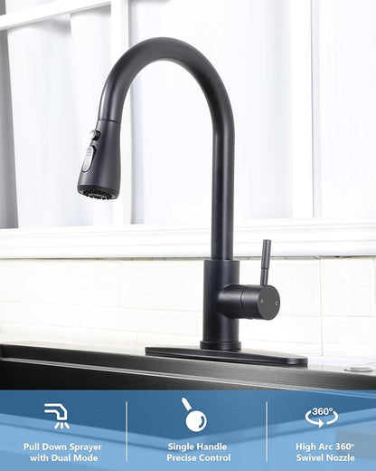 Matte Black Kitchen Faucet with Pull Down Sprayer, Modern Stainless Steel Single Handle Pull Down RV Farmhouse Bar Laundry Kitchen Sink Faucet with Deck Plate for 1 or 3 Hole, UF-KYT010B-D
