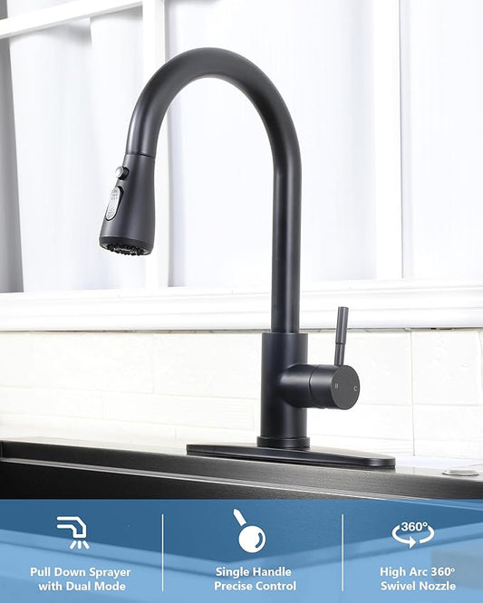 Matte Black Kitchen Faucet with Pull Down Sprayer, Modern Stainless Steel Single Handle Pull Down RV Farmhouse Bar Laundry Kitchen Sink Faucet with Deck Plate for 1 or 3 Hole, UF-KYT010B-D