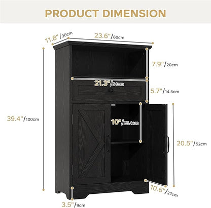 Floor Cabinet, Farmhouse Storage Cabinet with Barn Doors and Drawer, Freestanding Adjustable Shelf Organizer for Bathroom, Kitchen, Living Room Black