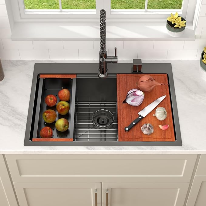Dcolora 28 Inch Black Kitchen Sink Drop In, Nano-PVD Black Stainless Steel Workstation Sink Single Bowl Topmount with Accessories All-In-One, #DC-T8862 28"x22"x10"